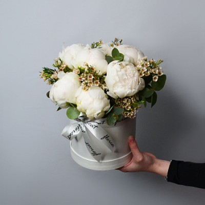 Букет в шляпной коробке из 7 белых пионов и ваксфлауэра