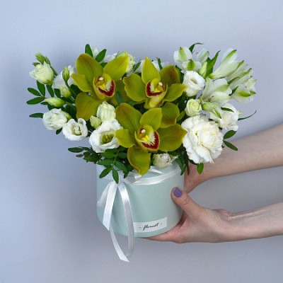 Букет в шляпной коробке Лайм и мята