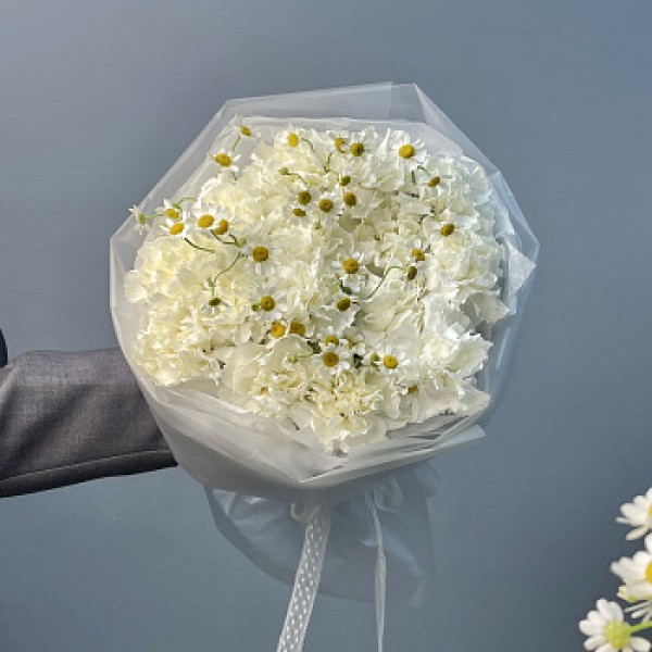 Белый дуо-букет гвоздик и матрикарий S