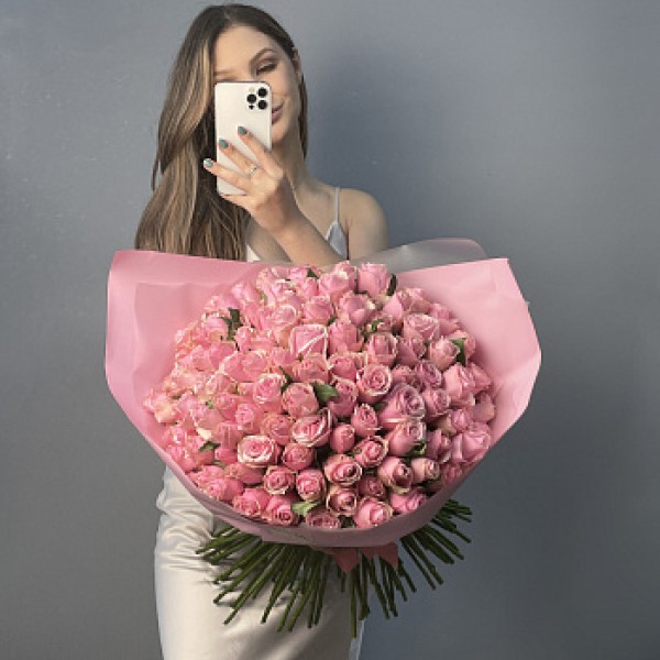 Букет из 101 розовой розы 50см (Иран)