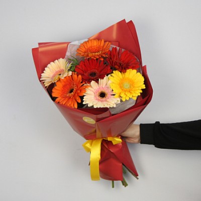 Букет из 7 гербер в теплых оттенках